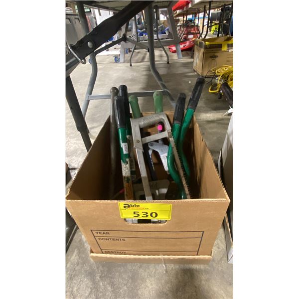 BOX OF ASSORTED INDUSTRIAL HAND TOOLS, PUNCH TOOLS & PIPE BENDING TOOLS