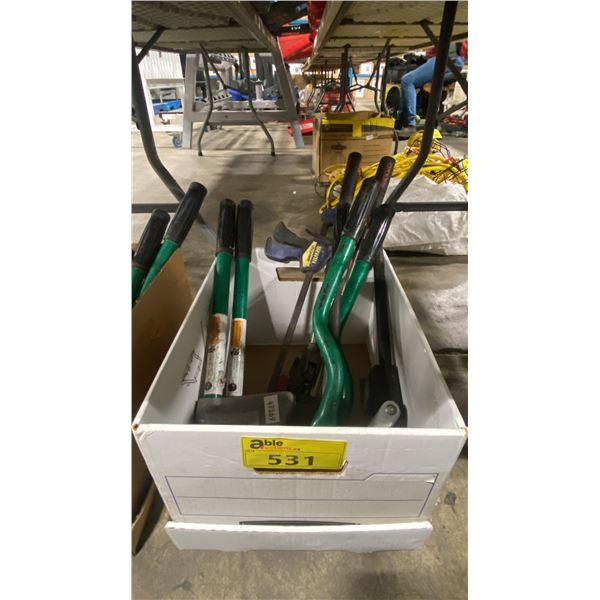 BOX OF ASSORTED INDUSTRIAL HAND TOOLS, PUNCH TOOLS & PIPE BENDING TOOLS