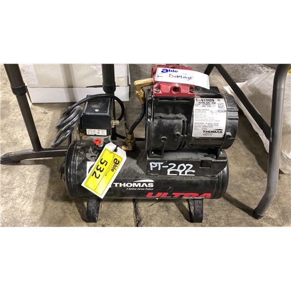 THOMAS ULTRA AIR-PAC PORTABLE INDUSTRIAL ELECTRIC MINI AIR COMPRESSOR *DAMAGE TO ONE PIPE*