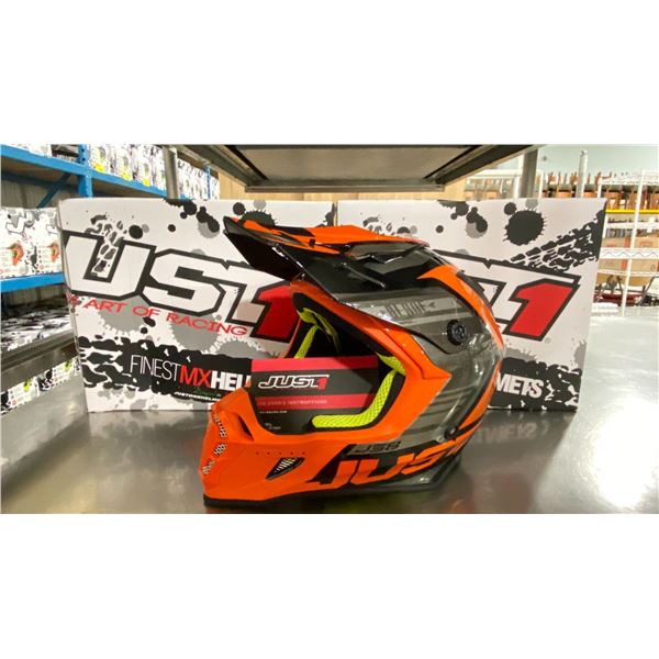 PAIR OF JUST1 RACING J38 BLADE ECE22/05 OFF ROAD RACING HELMETS COLOR ORANGE, SIZE S/P *IN BOX*