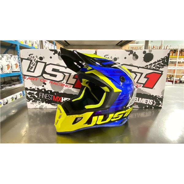 SHELF OF 14 JUST1 RACING J38 BLADE ECE22/05 OFF ROAD RACING HELMETS COLOR BLUE, SIZE MED *IN BOX*