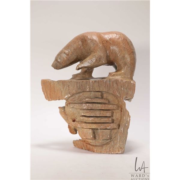 Hand carved Inuit soapstone titled "Arctic Bear on ice -Sealed Fate" and signed by artist Antoine an
