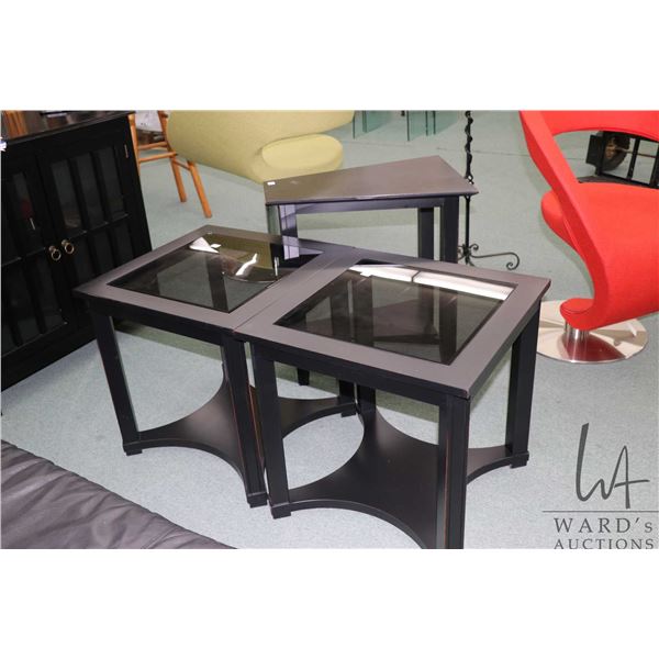 Pair of Canadian made modern wood framed side tables with glass tops, 20" X 20" X 20" and triangular