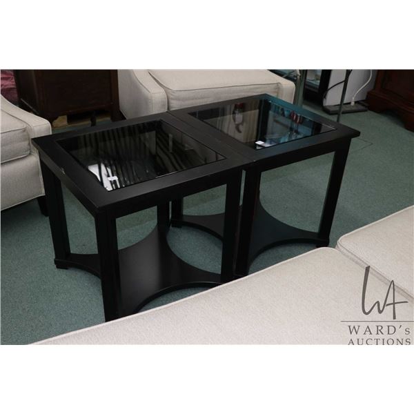 Pair of Canadian made modern wood framed side tables with glass tops, 20" X 20" X 20"