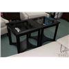Image 1 : Pair of Canadian made modern wood framed side tables with glass tops, 20" X 20" X 20"