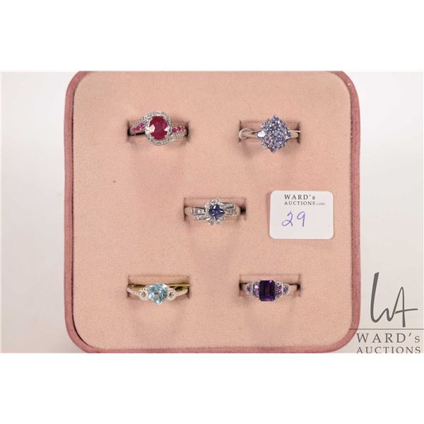 Five sterling silver rings, all with electronically tested gemstones, four size 10 and one 9.25