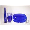 Image 1 : Three pieces of Polish cobalt crystal including 10" vase, 14" oval plate and a 14 1/2" bottle shaped