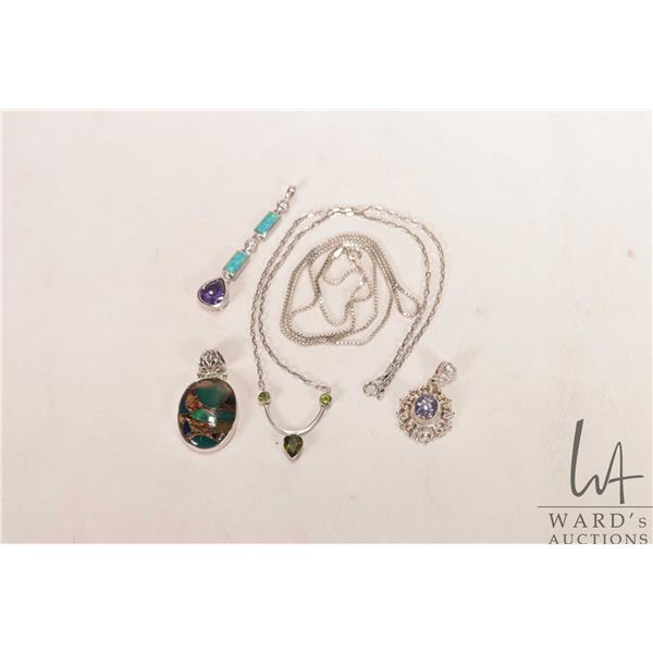 Sterling silver 24" box chain and three pendants and a peridot necklace, all marked .925