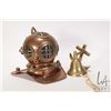 Image 1 : Miniature brass and 6 1/2" copper diving helmet and a brass wall mount, anchor motif bell