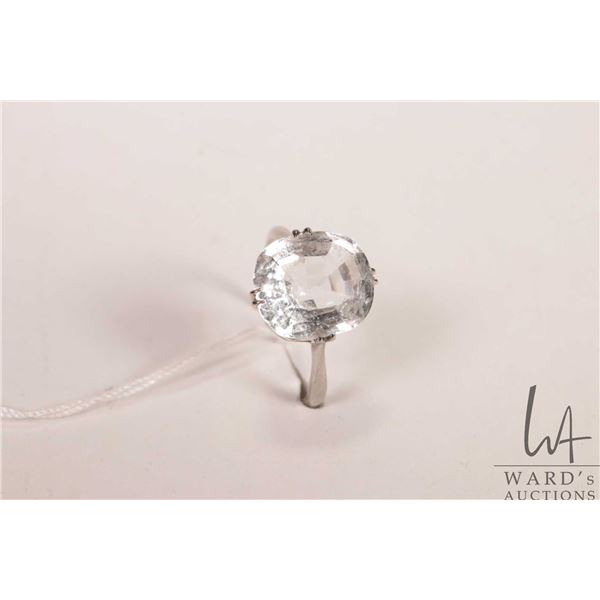 English 9ct white gold ring set with electronically tested white topaz gemstone, size 9