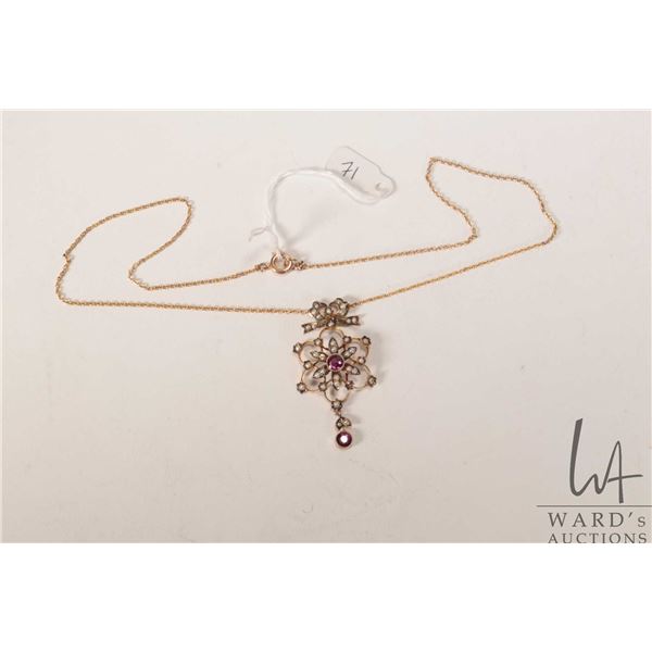 Antique 9ct yellow gold lavaliere set with seed pearls and pink gemstones, with attached 16" 9ct yel