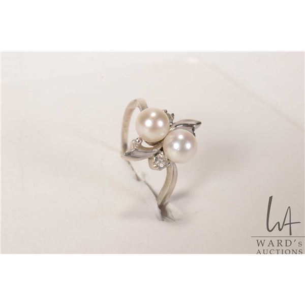 Birks 18kt white gold, double pearl ring with diamond accents, size 6.75