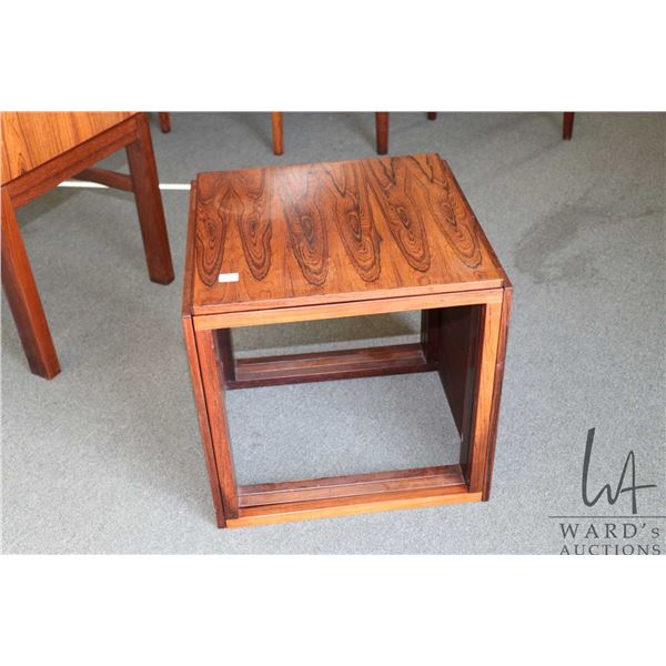Set of three mid century modern cherry wood interlocking occasional tables, designed to form a cube 