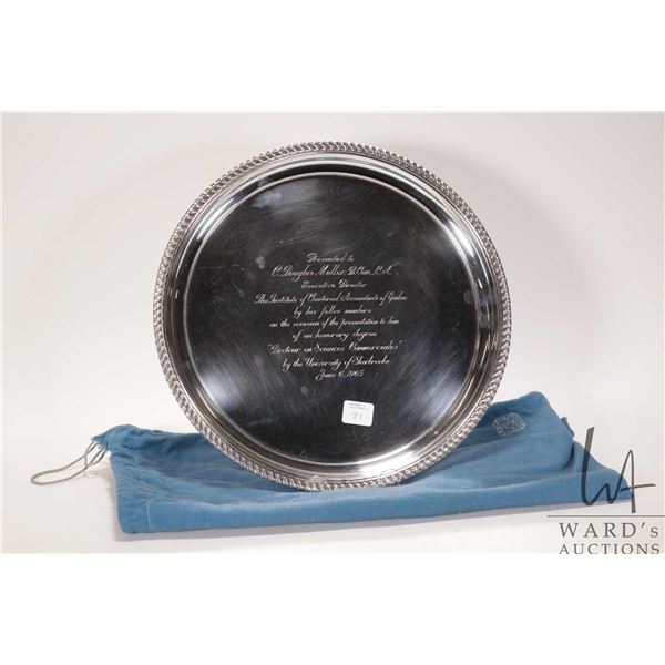 Birks sterling silver charger with engraved dedication, 12" in diameter