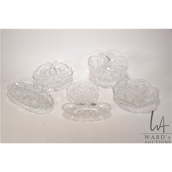Six pieces of American brilliant crystal including 8" bowl and two 8" dishes, 6" dish plus a 10 1/2"