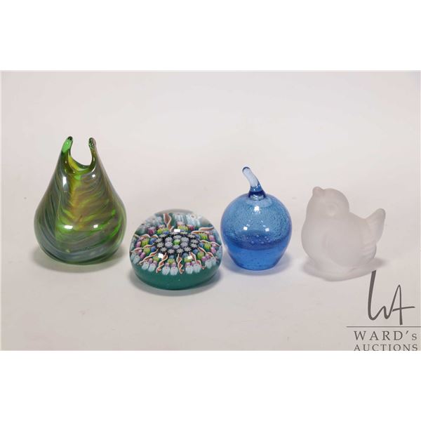 Four pieces of art glass including signed (?) 3 3/4" green vase, blue apple signed J. Swain, Sevres 