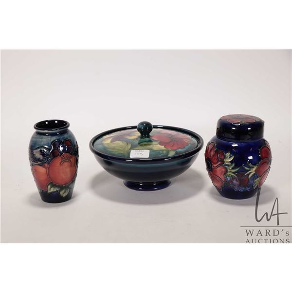 Two vintage pieces of Moorcroft pottery including 4" Anemone ginger jar, small 4" Finch & Fruit vase
