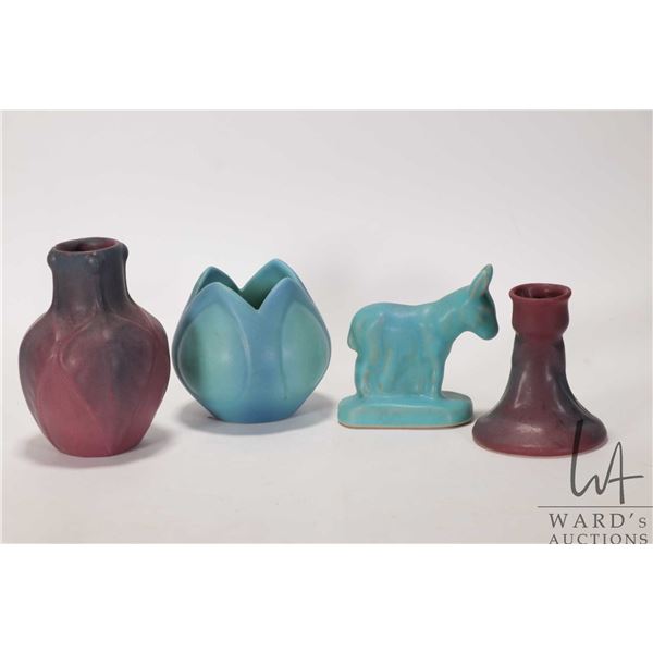 Four vintage pieces of Van Briggle American art pottery including 5" bud vase, a lotus vase, candles