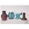 Image 1 : Four vintage pieces of Van Briggle American art pottery including 5" bud vase, a lotus vase, candles