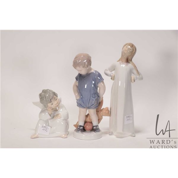 Three glazed porcelain figurines including Royal Copenhagen boy no. 3408, plus a Neo girl in night d