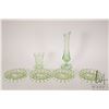 Image 1 : Six pieces of vintage Uranium glass including four 4" ashtrays, a 7 1/2" bud vase and a dimpled shot