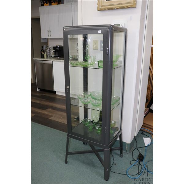 Ikea glass and metal display cabinet, set up with black light illumination, 59" H X 20" W X 16" D