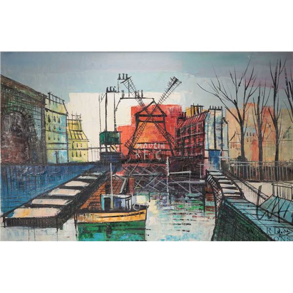 Maity (?) framed acrylic on canvas MCM painting of the Moulin Rouge, 24" X 36"