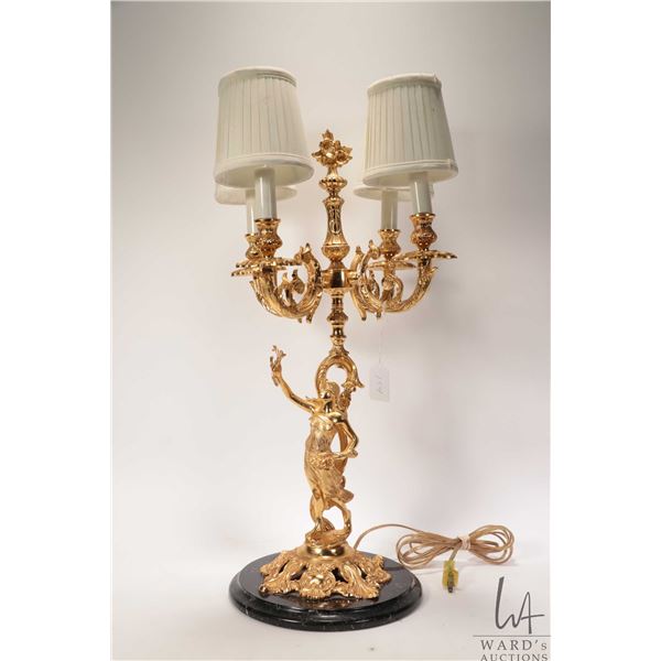 19th century style gold ormolu four branch electric lamp on slate base, 23" in height