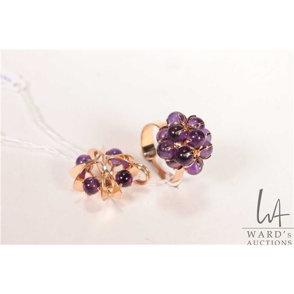 14kt yellow gold ring set with electronically tested round amethyst gemstone "grapes", size 9 plus a