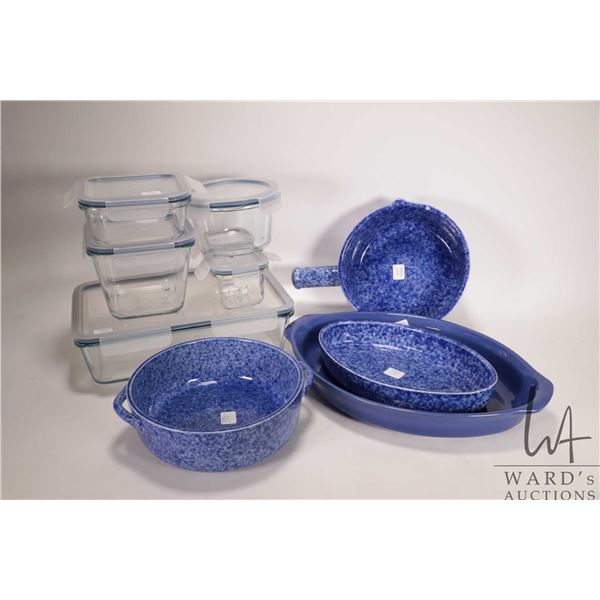 Three pieces of Coach Stoneware including 8" handled dish with pouring spout, 8" double handled dish
