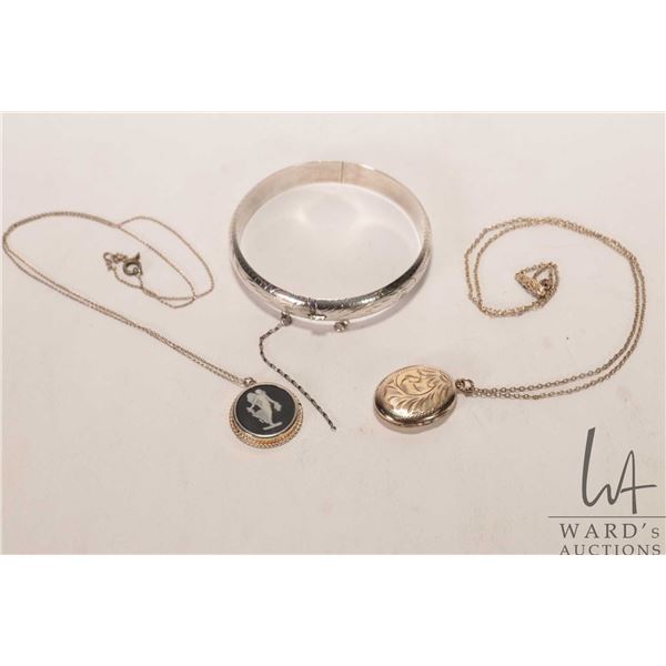 Vintage gold filled and engraved locket, sterling silver engraved hinged bracelet and a Jasperware b