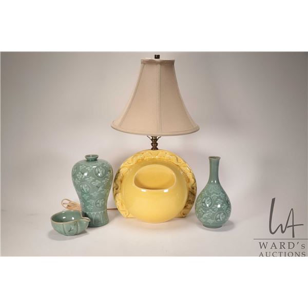 Three piece of Asian celadon pottery including bud base, 9" baluster vase and a small pouring dish