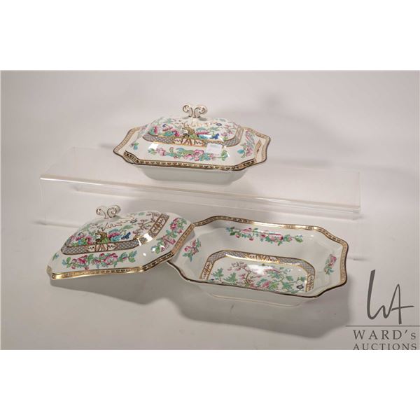 Two Bridgewood Indian Tree lidded casseroles including one marked "Harrods Ltd, London"