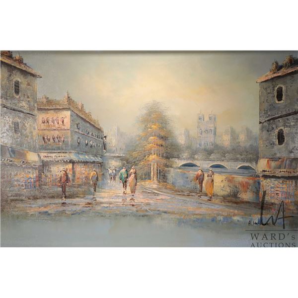 A. Herbert, framed oil on canvas painting of a Parisian street scene, 24" X 36"