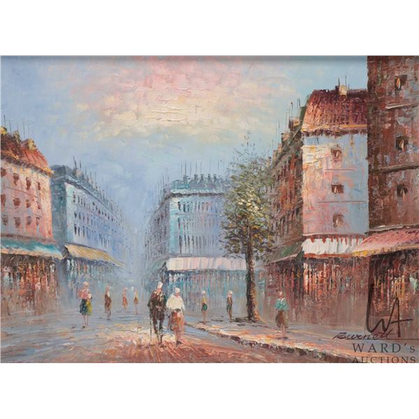 C. Burnett, framed oil on canvas painting of a Parisian street scene, 12" X 16"