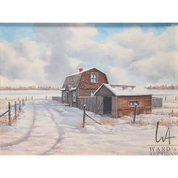 Robert D. McLean, framed oil on canvas painting of a rural farmhouse in winter, 12" X 16"