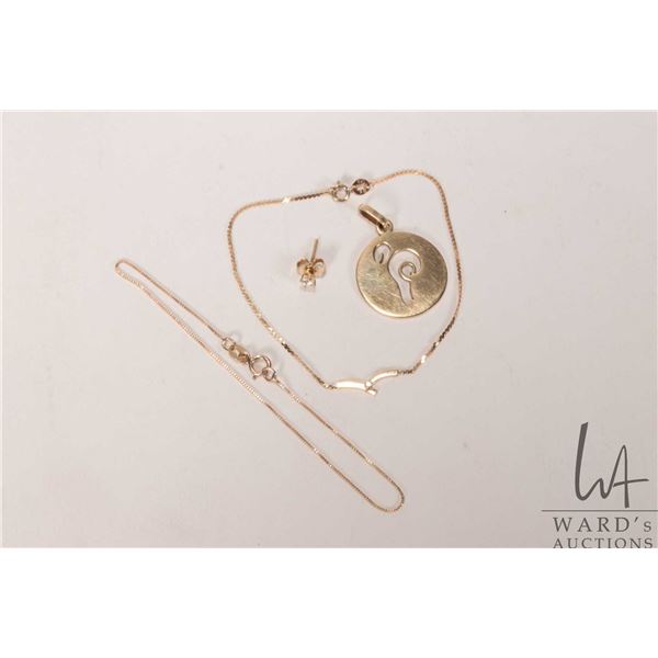 14kt yellow gold, single diamond earring, a 10kt yellow gold bracelet set with small diamond and a 1