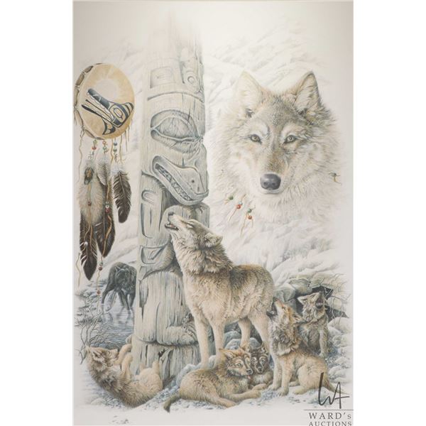 Judi Wild, framed limited edition print titled " Spirits of the Wolf", pencil signed by artist 235/3