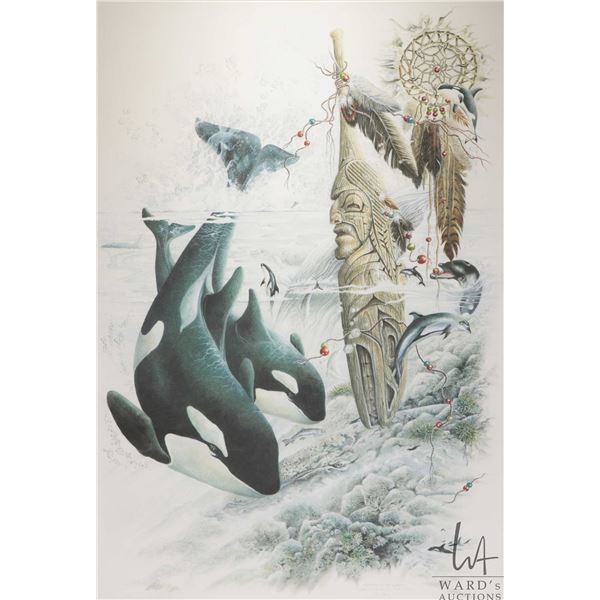 Judi Wild, framed limited edition, hand enhanced giclee print titled " Spirits of the Whale", pencil