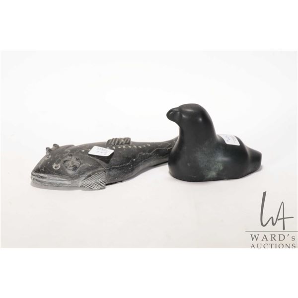Coppermine, artist signed Inuit soapstone fish dated 1969, 8 1/2" in length and an Inuit carving of 