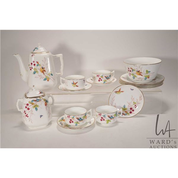 Antique transferware with hand painted detailed bird and berry tea set including teapot, large lidde