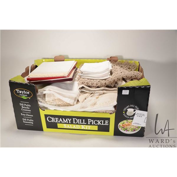 Large selection of vintage table linens including monogrammed napkins, tatted runners, tablecloths, 