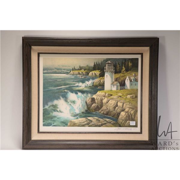 Framed Franklin Mint colour lithograph "New England Lighthouse" by Tom Nicholas, signed and dated 19