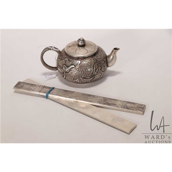 Pair of "Beauties of Red Mansion" scholar paper weights and a Lotus pond cased teapot