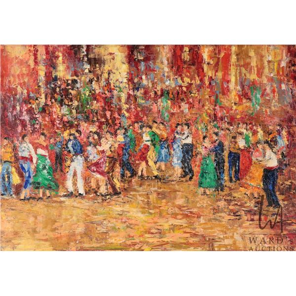 Michel Rostand, framed oil on canvas painting labeled on verso "Danse Champetre", 10" X 14"