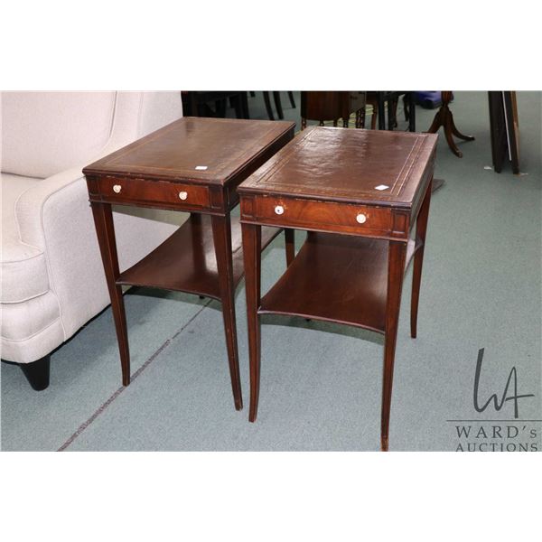 Pair of antique single drawer side tables with leather insert tops and undershelf, 26" H X 15" X 22"