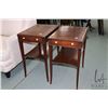 Image 1 : Pair of antique single drawer side tables with leather insert tops and undershelf, 26" H X 15" X 22"