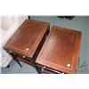 Image 2 : Pair of antique single drawer side tables with leather insert tops and undershelf, 26" H X 15" X 22"