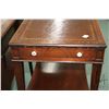 Image 3 : Pair of antique single drawer side tables with leather insert tops and undershelf, 26" H X 15" X 22"