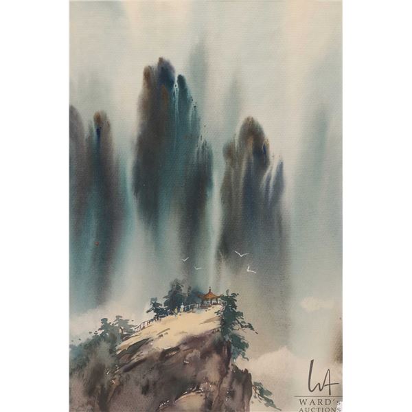 Artist signed original watercolour painting of a peaceful Azumaya overlooking a canyon, 16 1/2" X 11